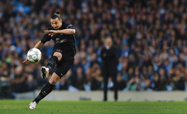 April 12, 2016 - Manchester, United Kingdom - Zlatan Ibrahimovic of PSG fires in a free kick during the UEFA Champions League match at The Etihad Stadium. Photo credit should read: Simon Bellis/Sportimage/Cal Sport Media *** Please Use Credit from Credit Field ***