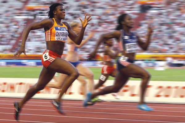 SPLIT, CROATIA - SEPTEMBER 04: Kelly-Ann Baptiste (r) of Trinidad and Team Americas wins the women's 100m from Blessing Okagbare (l) of Nigeria and Team Africa during the IAAF/VTB Continental Cup at the Stadion Poljud on September 4, 2010 in Split, Croatia. (Photo by Michael Steele/Getty Images)
